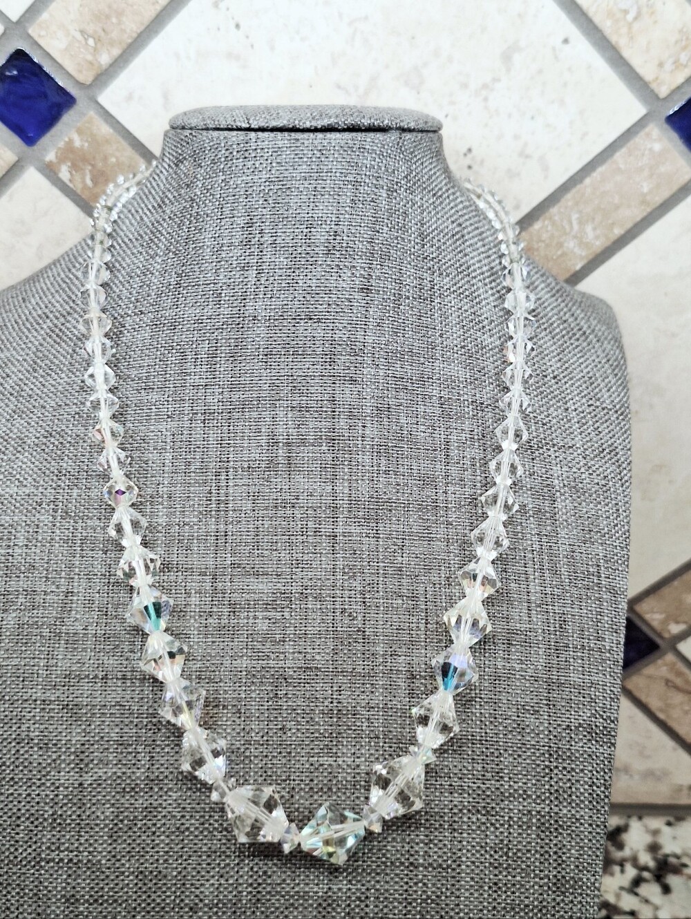 Vintage Aurora Borealis Clear Crystal Bicone Beaded Statement Strand Necklace♻️